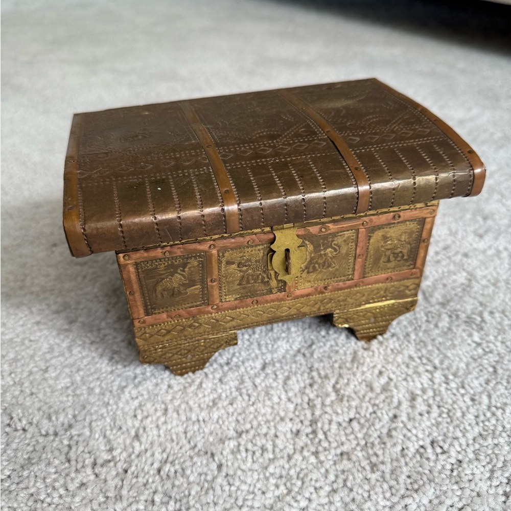 Vintage Handmade Brass & Copper Decorative Jewelry Box w/ Mirror